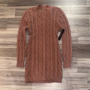 Cable Knit Sweater and Open Back Dress - Brown